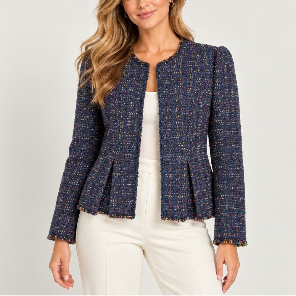 Rebecca Taylor Rainbow Tweed Blazer 0 Navy Blue Multi Color Fringed Jacket